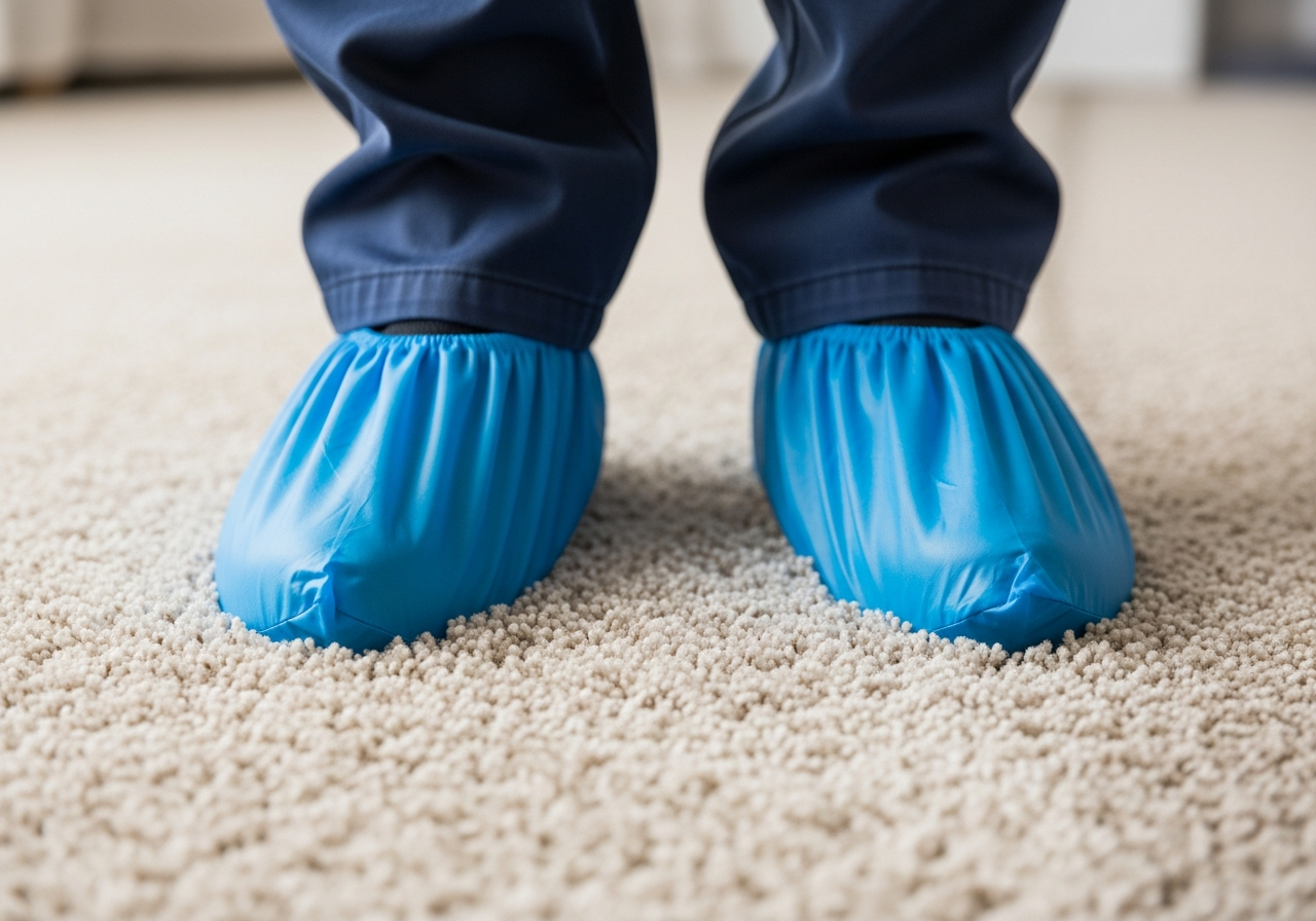 Technician wearing protective blue booties